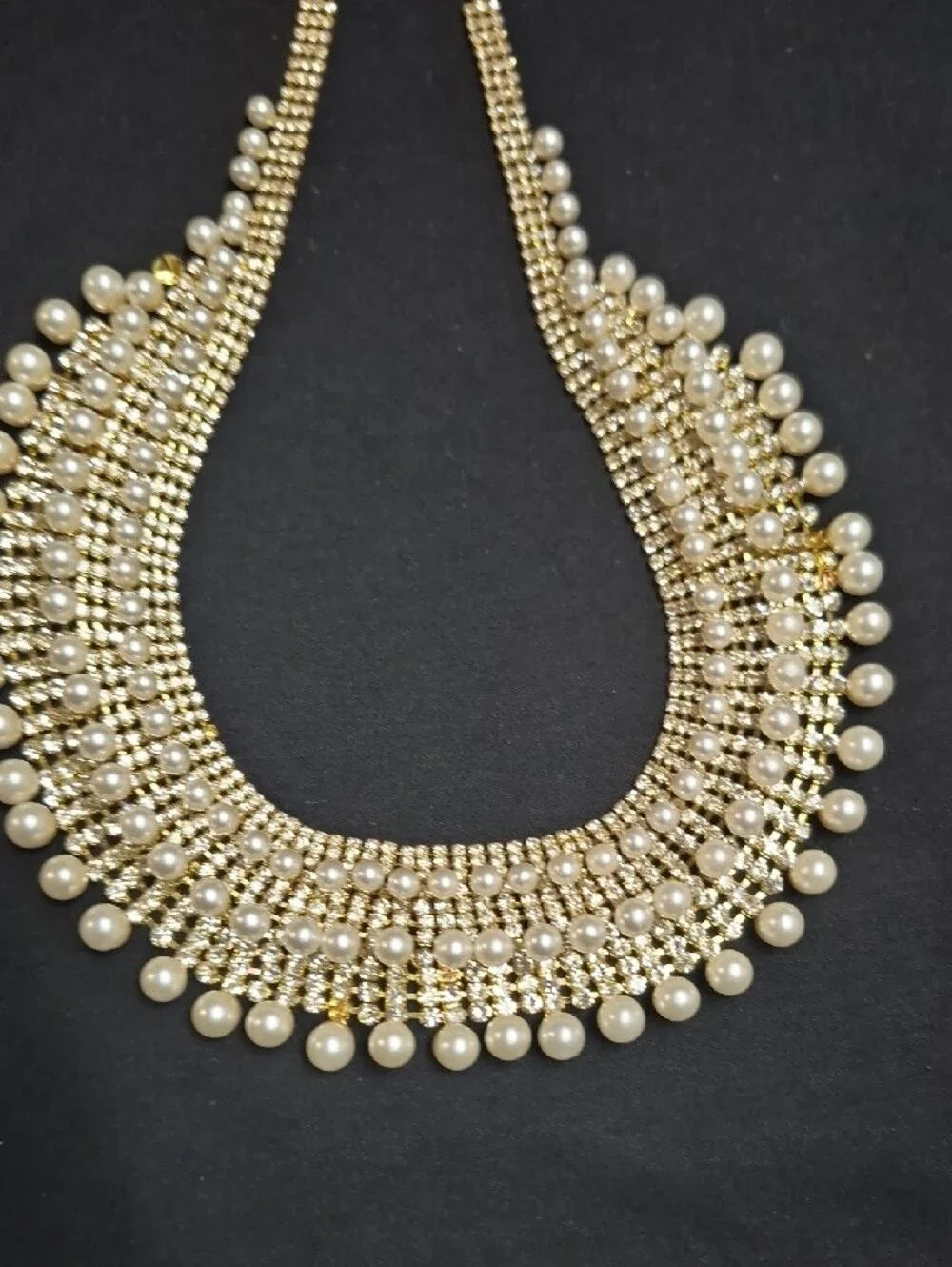 Gold Pearl Collar Necklace with Crystal Rows